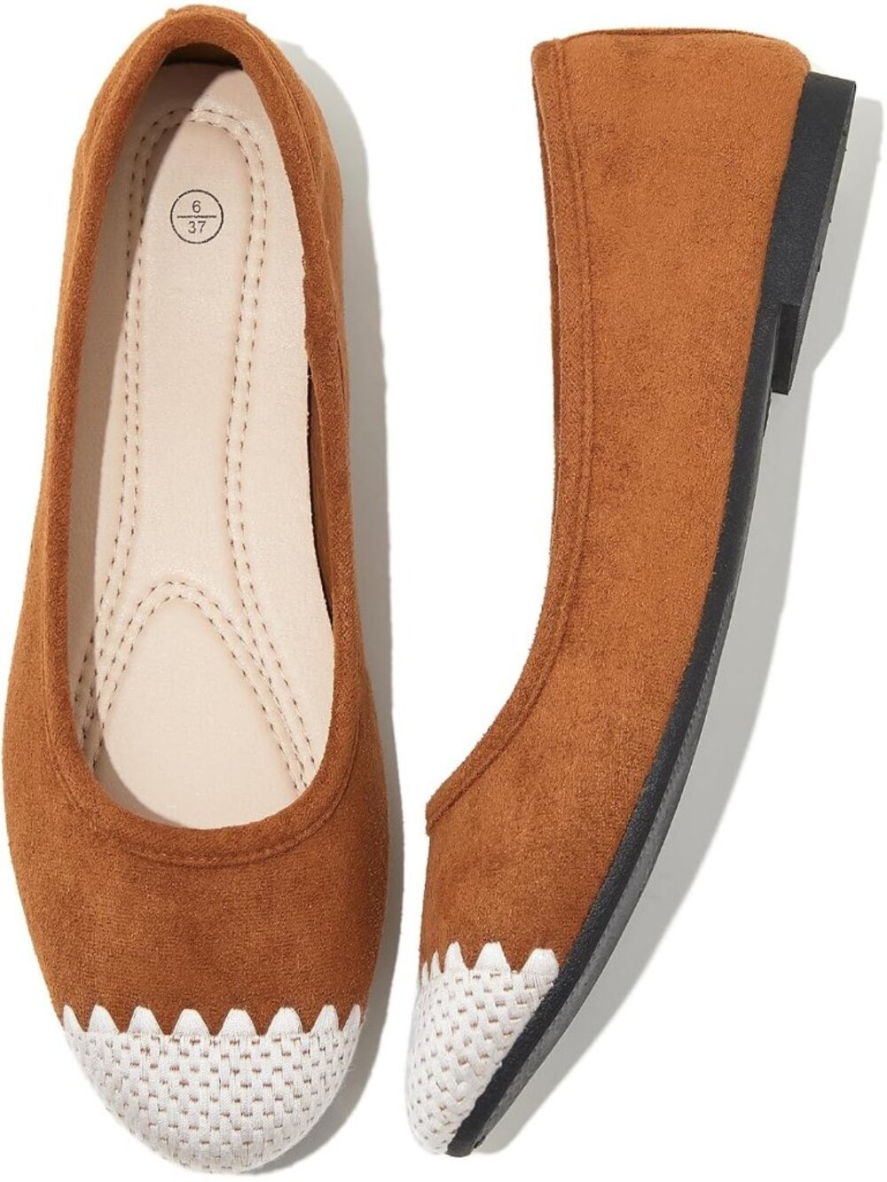 Women Brown Scalloped Leather Non Slip Low Heel Slip on Ballet Loafer Flat Shoes